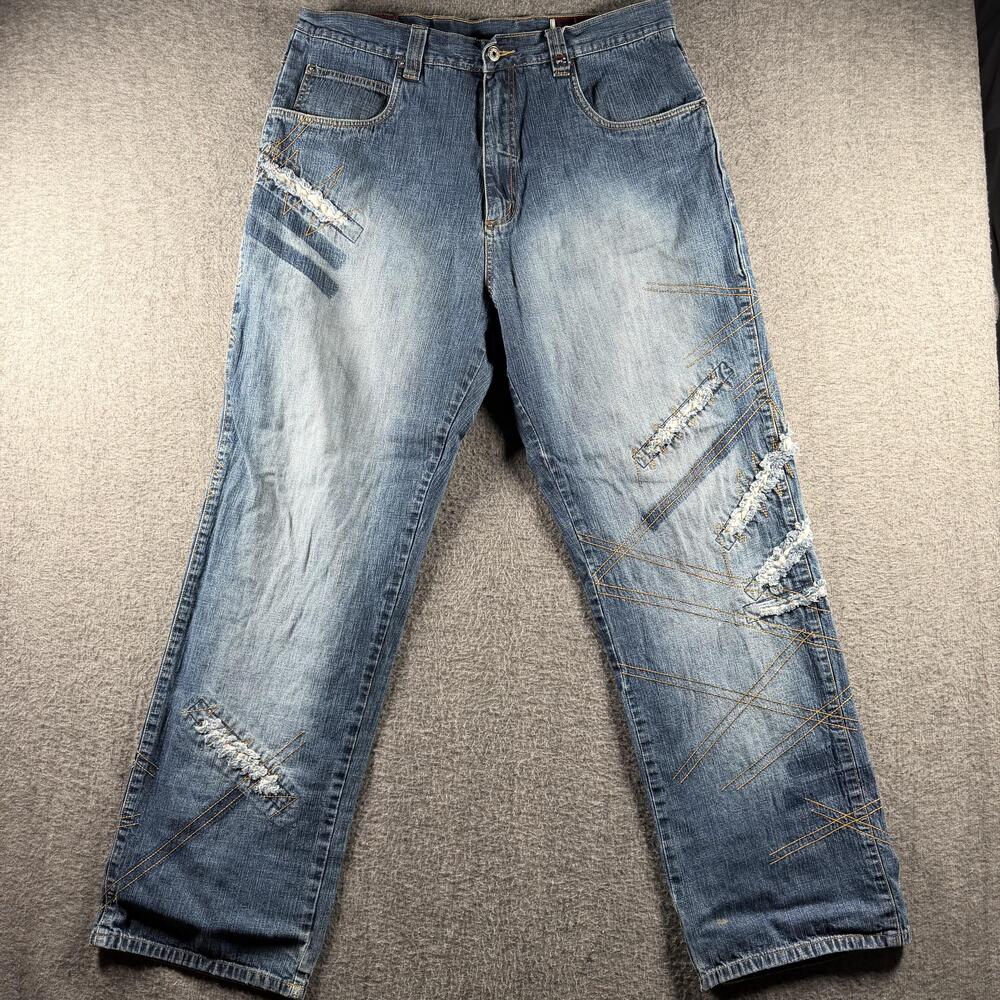 Phat Farm Jeans Mens 36x33 Blue Baggy Y2K Hip Hop Distressed Embroidered Denim